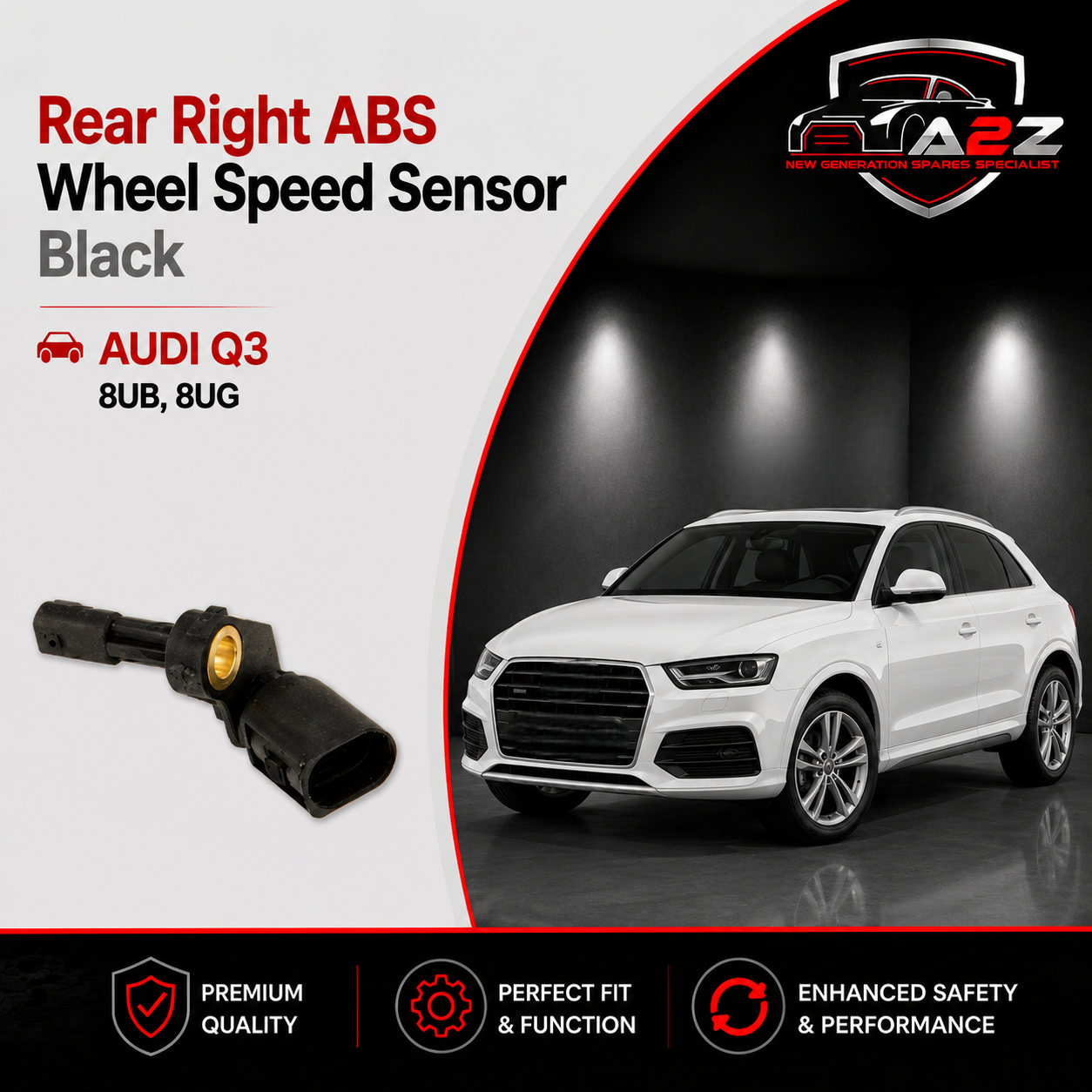 Rear Right ABS Wheel Speed Sensor Black WHT003858 1K0927808 Compatible With AUDI Q3 8UB, 8UG
