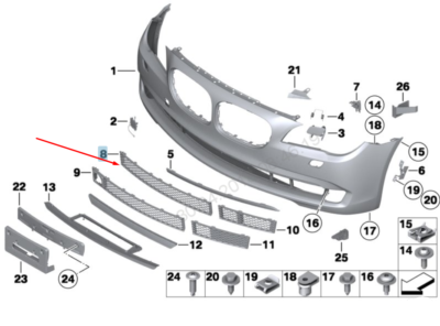 Front Middle Bumper Lower Center Mesh Bezel Grille 51117183870  Compatible With BMW 7 Series (F01, F02, F03, F04) Tag-BG-58